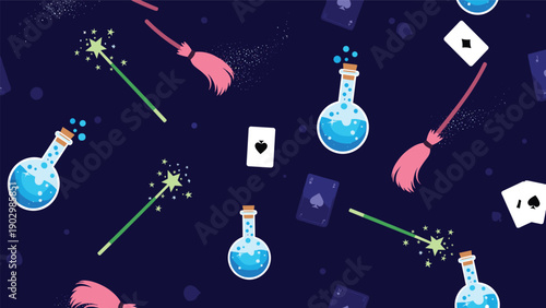 Enchanting pattern of magic items including glowing wands and bubbling potions on a dark blue background filled with stars.