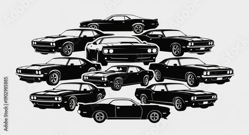 Collection of Classic American Muscle Cars Arranged in a Circular Pattern.