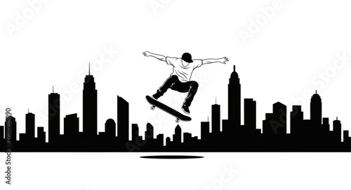 Skateboarder performing a trick in front of a city skyline silhouette.