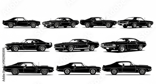Collection of classic American muscle cars in black and white illustration.