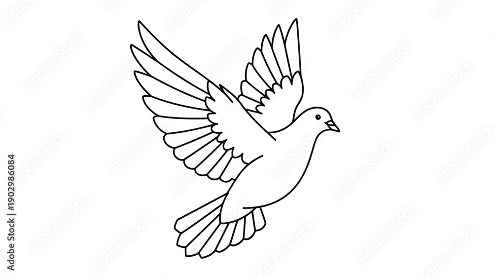 Fototapeta premium Simple black and white line art illustration of a dove in flight for coloring or use as a symbol of peace.