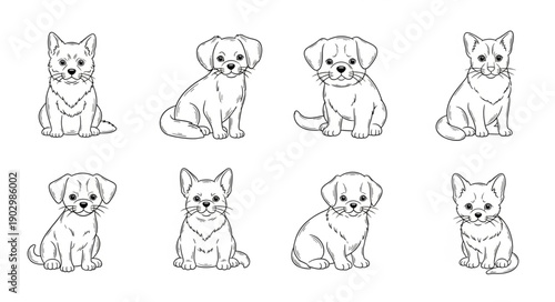 Collection of eight cute hand drawn dog sketches.