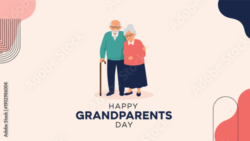 Heartwarming Happy Grandparents Day greeting card illustration featuring an elderly couple embracing with love.