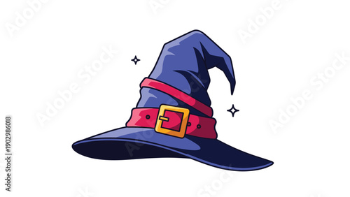 Classic blue witch hat with a red band and golden buckle decorated with stars isolated on a white background.