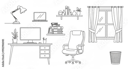 Hand drawn sketch of a home office setup with desk and chair.