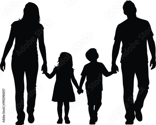 Black vector silhouette of a happy family walking together with parents and children showing love and togetherness
