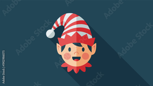 Adorable Christmas elf character head icon with a red and white striped hat on a dark teal background.