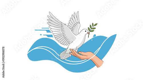 Symbolic illustration of a white dove with an olive branch being released from a hand against blue wave patterns.