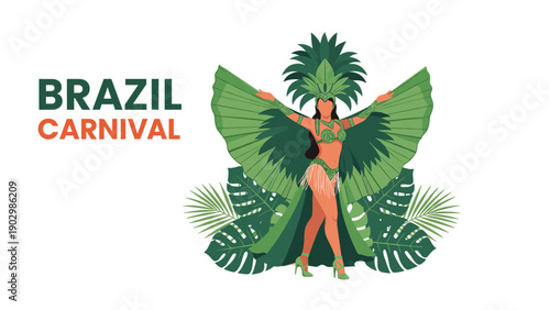 Stunning Brazil Carnival illustration featuring a dancer in a vibrant green feather costume with tropical leaf accents.