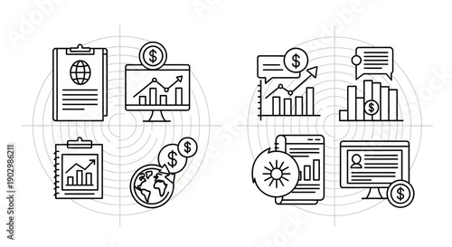 Business Growth Icons: Finance, Data Analysis, Global Economy & Marketing