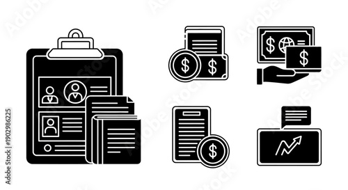 Business Icons: Resume, Money, Finance, Growth, Clipboard, Analytics