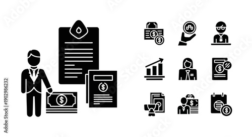 Business Icons and Symbols: Finance, Investment, and Office Concepts