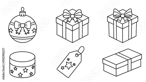 Set of different Christmas gift boxes and tree decorations in clean black and white line art for coloring activities.