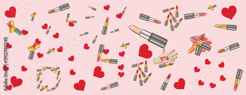 Background of fashion lips sticks. Seamless pattern with pink makeup elements on a white background for beauty and fashion themes design vector illustration.