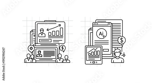 Business Meeting & AI Analytics: Presentation, Data, Strategy, Finance Icons