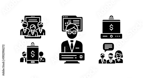 Business Meeting Icons: Teamwork, Finance, Presentation, Strategy, Growth