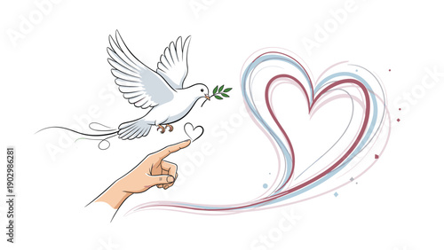 Artistic peace and love illustration featuring a white dove with an olive branch and a hand pointing towards a heart.