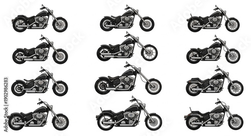 Collection of Classic Motorcycle Illustrations on White Background.