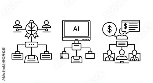 Business Organization, AI Technology, and Financial Planning Icons