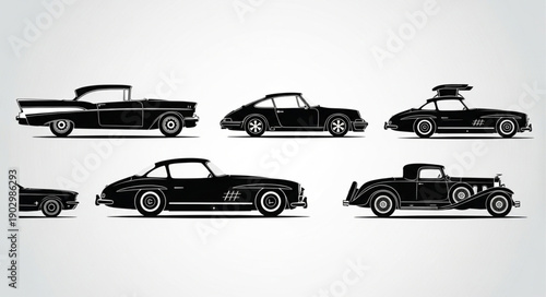 Collection of classic car silhouettes in black and white.