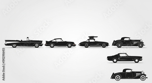 Collection of classic vintage car silhouettes in black and white.