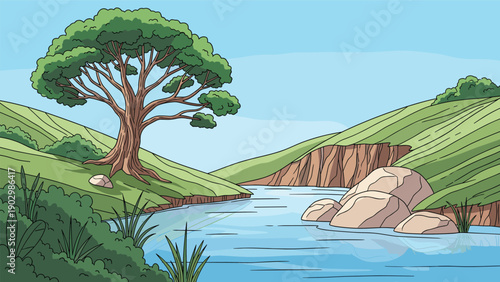 Tranquil natural landscape featuring a winding river flowing between rolling green hills and a large spreading tree under clear sky.