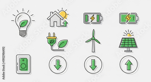 Collection of clean energy and sustainability icons.