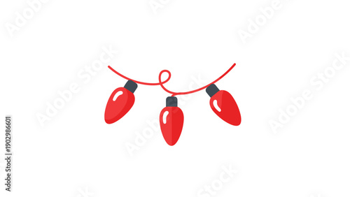 Simple illustration of a string of three classic red christmas light bulbs on a tangled red wire against a white background.