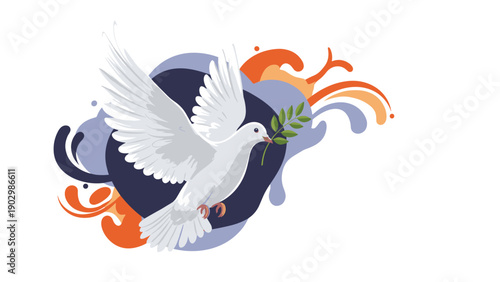 Graceful white dove flying while carrying a green olive branch in its beak against a stylized blue and orange abstract background.