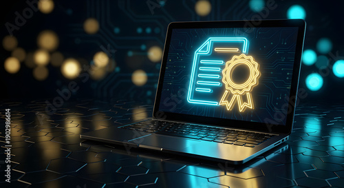 digital certificate and online diploma concept with glowing neon award ribbon icon on laptop screen for professional qualification verification and web based education achievement