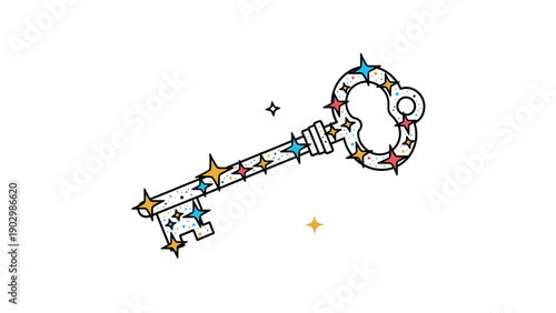 Ornate golden vintage key surrounded by small colorful twinkling stars and sparkles on a clean white background.