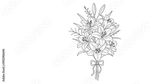 Detailed black and white line art sketch of a beautiful bouquet of lilies tied with a simple ribbon bow for celebration.