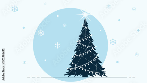Minimalist navy blue christmas tree silhouette decorated with white glowing lights and a star on a pale blue winter background.