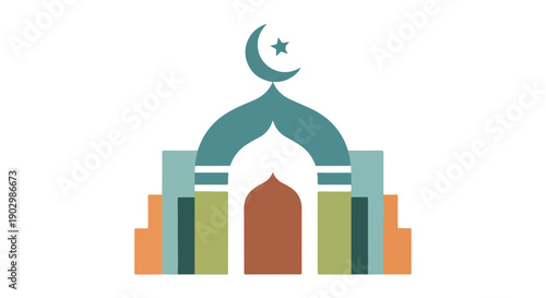 Flat design illustration of a mosque with a crescent moon and star on a white background