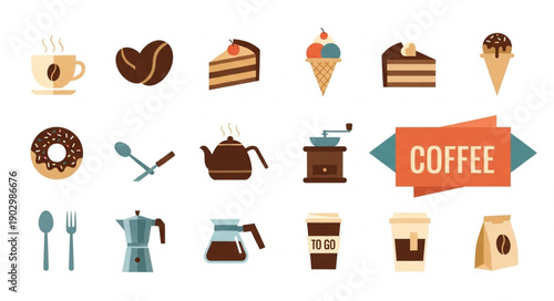 Collection of coffee and dessert icons flat design style.