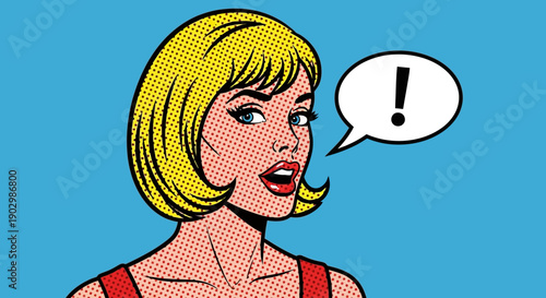 Surprised Blonde Pop Art Woman with Exclamation Mark Speech Bubble on Blue Background