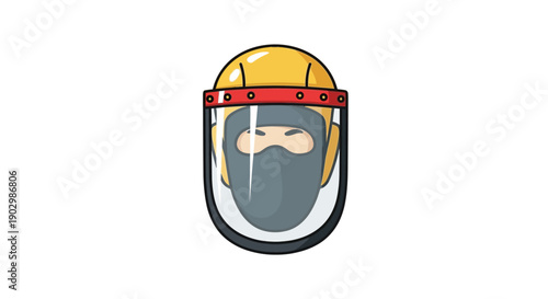 Cartoon illustration of worker wearing safety hard hat and face shield protection equipment