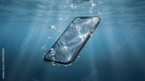 Waterproof smartphone submerged underwater with rising bubbles