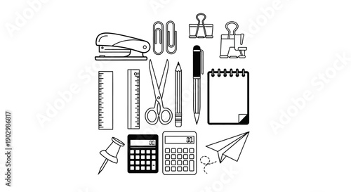 Neatly Arranged Office Stationery and Supplies Flat Lay on Isolated White Background