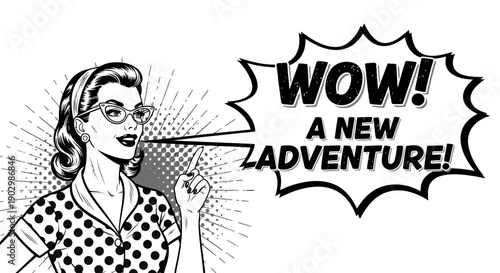 Excited Retro Pop Art Style Woman with "WOW! A New Adventure!" Speech Bubble on Isolated White Background with Halftone Pattern