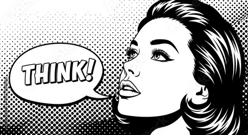 Pensive Retro Pop Art Style Woman Thinking with "THINK!" Speech Bubble on Isolated White Background with Halftone Pattern