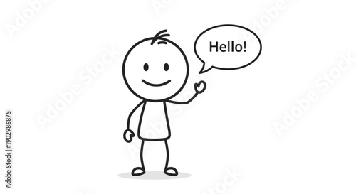 Friendly Stick Figure Waving Hand and Saying "Hello!" in Speech Bubble on Isolated White Background