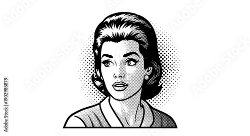 Thoughtful Retro Pop Art Style Woman Looking Aside on Isolated White Background with Halftone Pattern