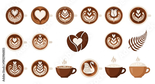 Collection of Coffee Art Designs and Latte Art Cups.