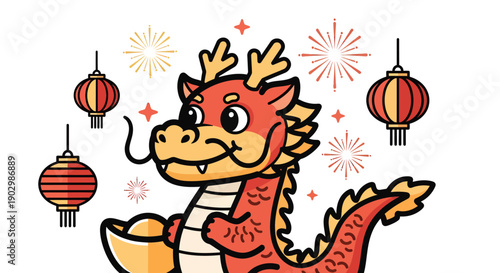 Dragon Holding Gold Coin with Lanterns and Fireworks