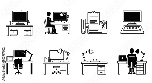 Collection of Desktop Computer Workspace Icons Depicting People Working at Office Desks on Isolated White Background