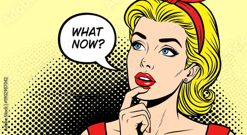 Beautiful Retro Pop Art Woman Asking "What Now?" with a Thoughtful Expression in a Bright Studio