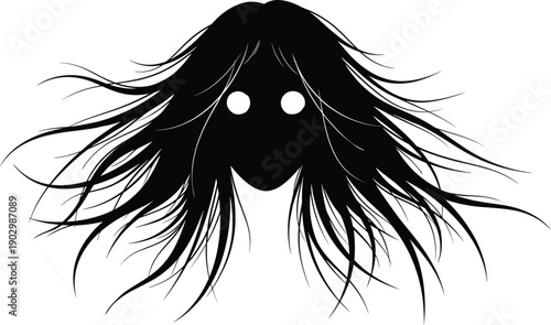 Creepy Ghost Woman Silhouette with Long Messy Hair and Glowing White Eyes for Halloween Horror Supernatural Spirit Demon Scary Graphic Design Vector Illustration Isolated