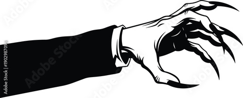 Creepy Vampire Hand with Long Sharp Nails Reaching Out in Black and White Silhouette Vector Illustration for Halloween Horror Gothic Graphic Design Projects Isolated