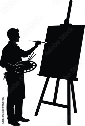 Illustration of a black silhouette of an artist with an easel and a woman sitting on a chair at a table while a businessman work on a computer